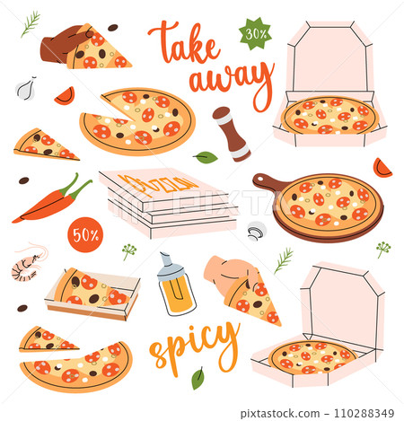 Fresh pizza set. Traditional italian pizza. Restaurant cafe menu. Italian cuisine, traditional food. Vector illustration. 110288349