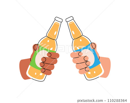 Hands holding beer bottles. Beer pub product. Brewing process, brewery factory production. Vector illustration. Hands holding beer bottles. Beer pub product. Brewing process, brewery factory production. Vector illustration. 110288364