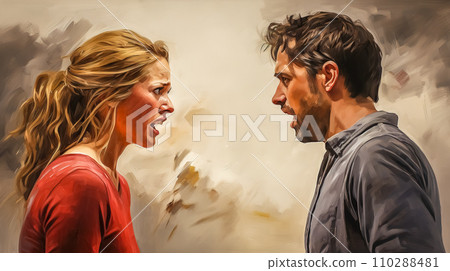AI-generated content. intense emotional exchange between a woman and a man. Their expressions and proximity suggest a passionate argument or deep conversation. 110288481