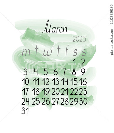 Calendar monthly template for March 2025 in simple minimalist style vertical portrait orientation, abstract colorful shapeless background, week starts on Monday, vector printable page Calendar monthly template for March 2025 in simple minimalist style vertical portrait orientation, abstract colorful shapeless background, week starts on Monday, vector printable page 110289086