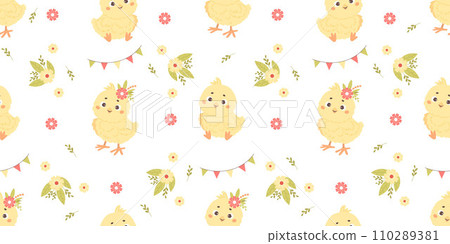 Seamless pattern with little cute chicks on white background with flowers. Vector illustration for design, wallpaper, packaging, textile. Kids collection 110289381