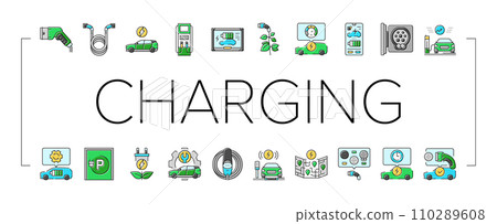 electric vehicle charging station icons set vector electric vehicle charging station icons set vector 110289608