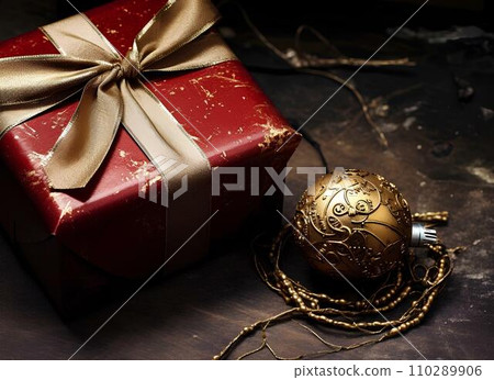 gift box with red ribbon and bow on wood table gift box with red ribbon and bow on wood table 110289906