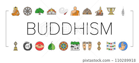 buddhism buddha lotus meditation icons set vector 110289918