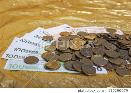 Euro banknotes and iron 10 rubles coin (written ten rubles, Bank of Russia in the Russian) Euro banknotes and iron 10 rubles coin (written ten rubles, Bank of Russia in the Russian) 110290079