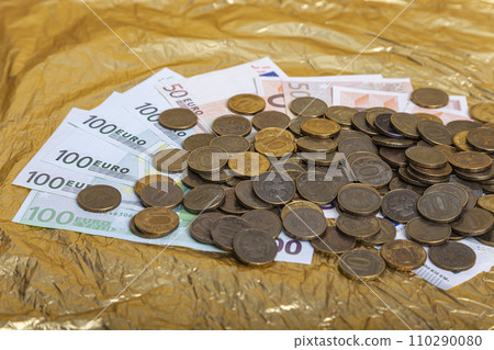 Euro banknotes and iron 10 rubles coin (written ten rubles, Bank of Russia in the Russian) 110290080
