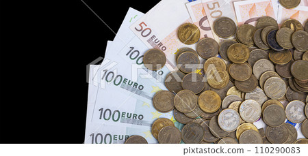Euro banknotes and iron 10 rubles coin (written ten rubles, Bank of Russia in the Russian), isolated on black background Euro banknotes and iron 10 rubles coin (written ten rubles, Bank of Russia in the Russian), isolated on black background 110290083
