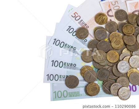 Euro banknotes and iron 10 rubles coin (written ten rubles, Bank of Russia in the Russian), isolated on white background 110290086
