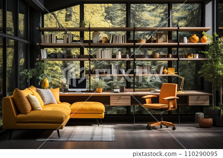 Office with a spacious desk adorned with minimal decor, atmosphere of orderly productivity Office with a spacious desk adorned with minimal decor, atmosphere of orderly productivity 110290095