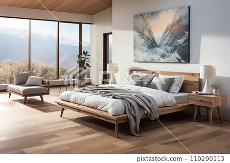 Bedroom designed in the Scandinavian style, featuring a serene and calming ambiance 110290113