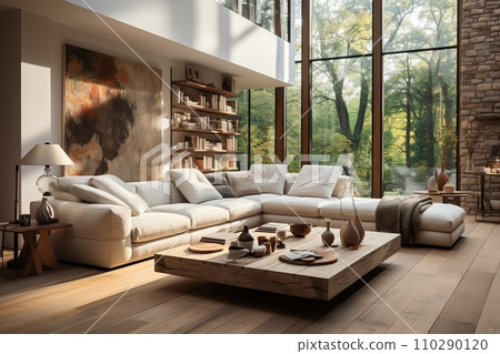 Scandinavian living room flooded with natural light through large windows 110290120
