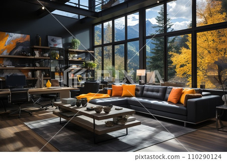 Office with a spacious desk adorned with minimal decor, atmosphere of orderly productivity Office with a spacious desk adorned with minimal decor, atmosphere of orderly productivity 110290124