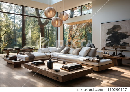 Living room with bright walls and flooring. The space with furniture featuring minimalist, geometric designs Living room with bright walls and flooring. The space with furniture featuring minimalist, geometric designs 110290127
