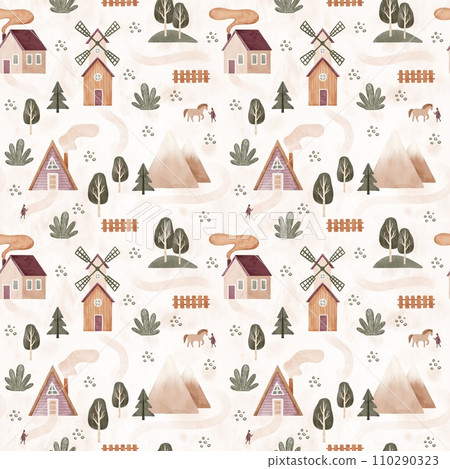 Watercolor farm houses. Cartoon hand drawn illustration. Village landscape. Seamless pattern 110290323