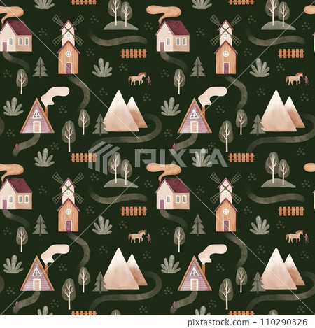 Watercolor farm houses. Cartoon hand drawn illustration. Village landscape. Seamless pattern Watercolor farm houses. Cartoon hand drawn illustration. Village landscape. Seamless pattern 110290326
