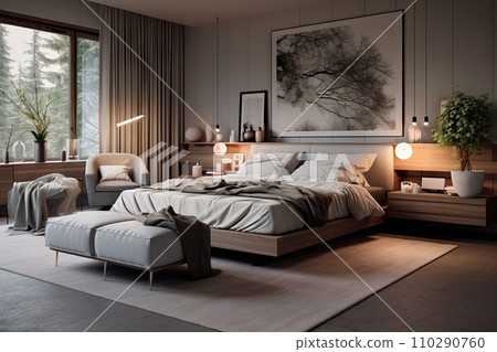 Modern and cozy bedroom with big window Modern and cozy bedroom with big window 110290760