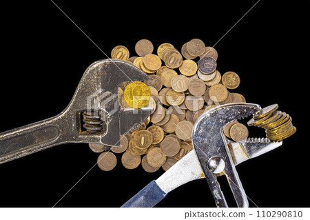 Allegory of the global financial crisis - Iron 10 rubles coin (written ten rubles, Bank of Russia in the Russian) in the grip of economic crisis, on a black background. Finance and business concept 110290810