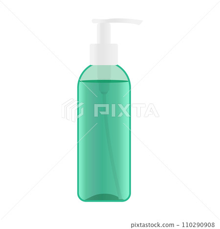 Plastic pump bottle with a green liquid inside. Dispenser bottle with cosmetic product like cleansing gel. Vector illustration Plastic pump bottle with a green liquid inside. Dispenser bottle with cosmetic product like cleansing gel. Vector illustration 110290908