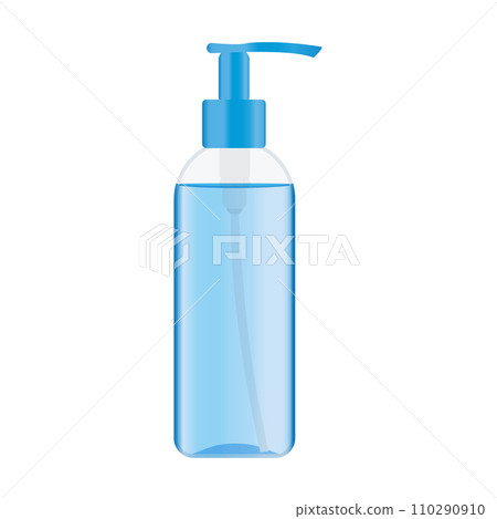 Plastic pump bottle with a blue liquid inside. Dispenser bottle with cosmetic product like cleansing gel. Vector illustration 110290910