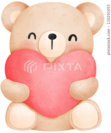Cute teddy bear with heart, Valentine's Day watercolor illustration 110291055