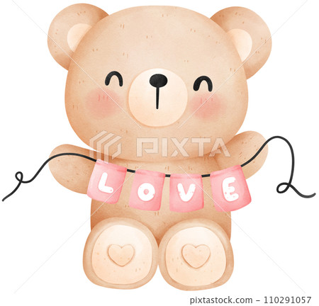 Cute teddy bear with love banner, Valentine's Day watercolor illustration Cute teddy bear with love banner, Valentine's Day watercolor illustration 110291057