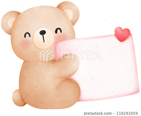Cute teddy bear with blank banner, Valentine's Day watercolor illustration Cute teddy bear with blank banner, Valentine's Day watercolor illustration 110291059