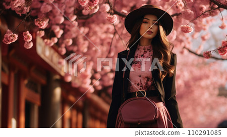 櫻花樹盛開，女人散步，旅行，觀光，散步，異國風情 110291085