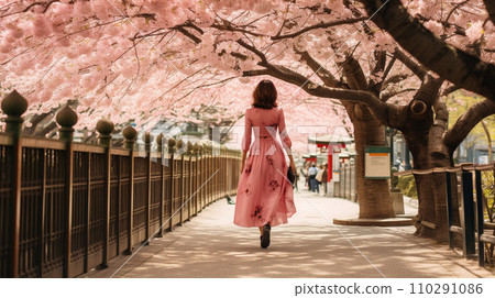 櫻花樹盛開,女人散步,旅行,觀光,散步 櫻花樹盛開,女人散步,旅行,觀光,散步 110291086