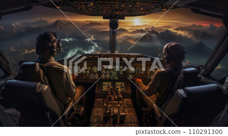 Two airplane pilots are working with their computer in a cockpi Two airplane pilots are working with their computer in a cockpi 110291300