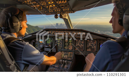 Two airplane pilots are working with their computer in a cockpi Two airplane pilots are working with their computer in a cockpi 110291301