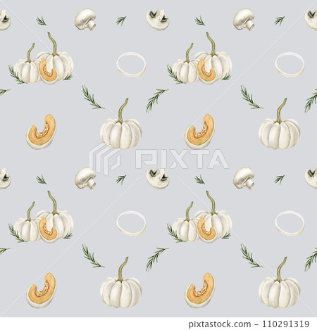Watercolor seamless pattern with white pumpkins, mushrooms, onion rings and rosemary on light grey blue background 110291319