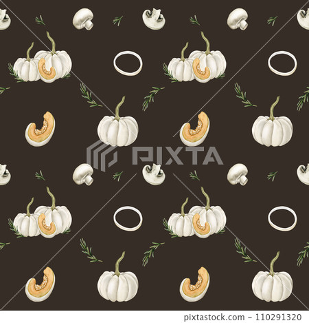 Watercolor seamless pattern with white pumpkins, mushrooms, onion rings and rosemary sprigs on dark background. 110291320
