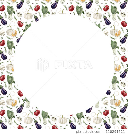 Round frame with watercolor seamless pattern with fresh colorful vegetables on white background.Design for greeting card 110291321
