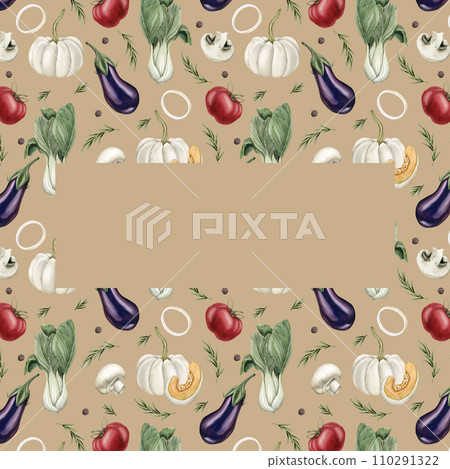 Frame with watercolor seamless pattern with fresh colorful vegetables on beige background. Design for greeting card 110291322