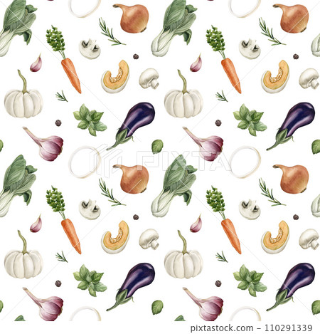 Watercolor seamless pattern with colorful vegetables on white background. For use in design, fabric, textile, wrapping Watercolor seamless pattern with colorful vegetables on white background. For use in design, fabric, textile, wrapping 110291339