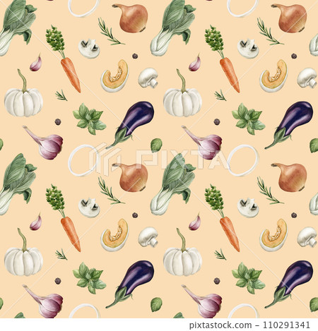 Watercolor seamless pattern with colorful vegetables on light pink background. For use in design, fabric, wrapping 110291341