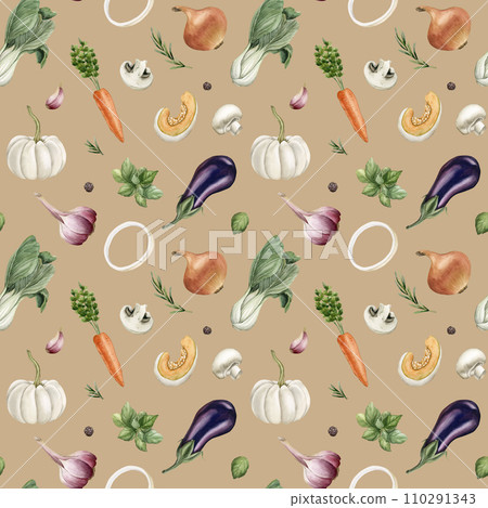 Watercolor seamless pattern with colorful vegetables and spices on beige background. For use in design, fabric, wrapping Watercolor seamless pattern with colorful vegetables and spices on beige background. For use in design, fabric, wrapping 110291343