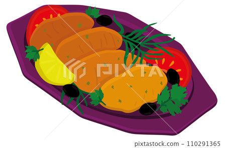 Pasteis de bacalhau. Traditional portuguise cuisine. Cod croquettes with vegetables and herbs on plate 110291365