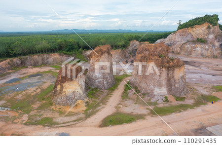 Aerial top view of ground in the land with sand in factory industry for construction site. Arid pattern texture background. Bulldozer tractor 110291435