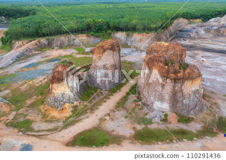 Aerial top view of ground in the land with sand in factory industry for construction site. Arid pattern texture background. Bulldozer tractor 110291436
