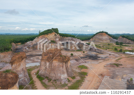 Aerial top view of ground in the land with sand in factory industry for construction site. Arid pattern texture background. Bulldozer tractor 110291437