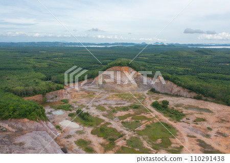 Aerial top view of ground in the land with sand in factory industry for construction site. Arid pattern texture background. Bulldozer tractor Aerial top view of ground in the land with sand in factory industry for construction site. Arid pattern texture background. Bulldozer tractor 110291438