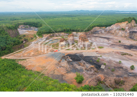 Aerial top view of ground in the land with sand in factory industry for construction site. Arid pattern texture background. Bulldozer tractor Aerial top view of ground in the land with sand in factory industry for construction site. Arid pattern texture background. Bulldozer tractor 110291440