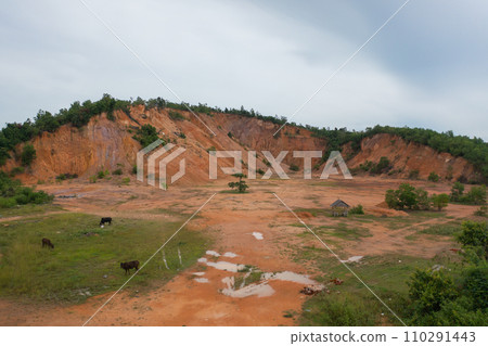 Aerial top view of ground in the land with sand in factory industry for construction site. Arid pattern texture background. Bulldozer tractor 110291443