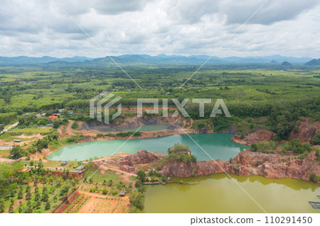 Aerial top view of ground in the land with sand in factory industry for construction site. Arid pattern texture background. Bulldozer tractor 110291450