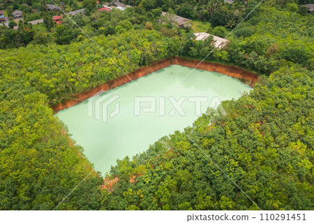 Aerial top view of ground in the land with sand in factory industry for construction site. Arid pattern texture background. Bulldozer tractor 110291451