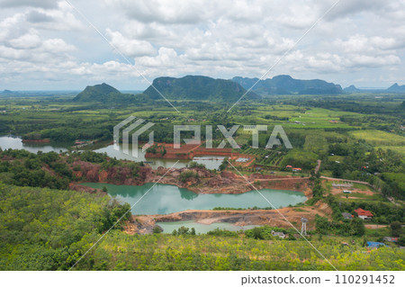 Aerial top view of ground in the land with sand in factory industry for construction site. Arid pattern texture background. Bulldozer tractor 110291452