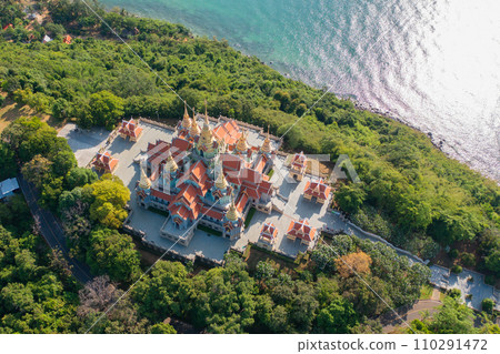 Aerial top view of  Wat Thang Sai, Prachuap Khiri Khan, Thailand. Travel trip on holiday and vacation. Thai tourist attraction architecture. 110291472