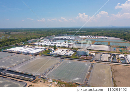 Aerial top view of metropolitan provincial waterworks industry factory in urban city town. Water utilities service. 110291492