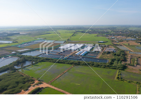 Aerial top view of metropolitan provincial waterworks industry factory in urban city town. Water utilities service. 110291506